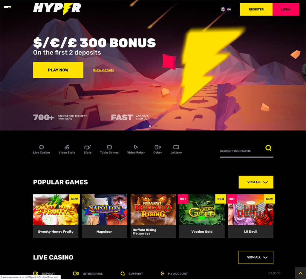 Hyper Casino homepage screenshot