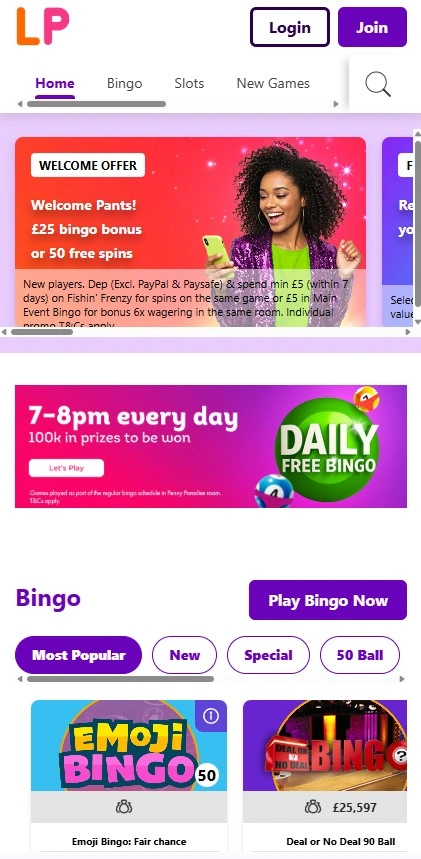 Lucky Pants Bingo homepage screenshot