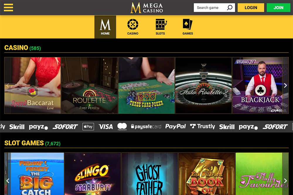 Mega Casino homepage screenshot