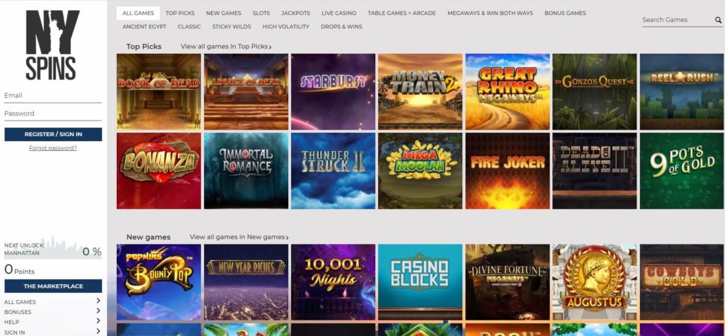 NYSpins homepage screenshot