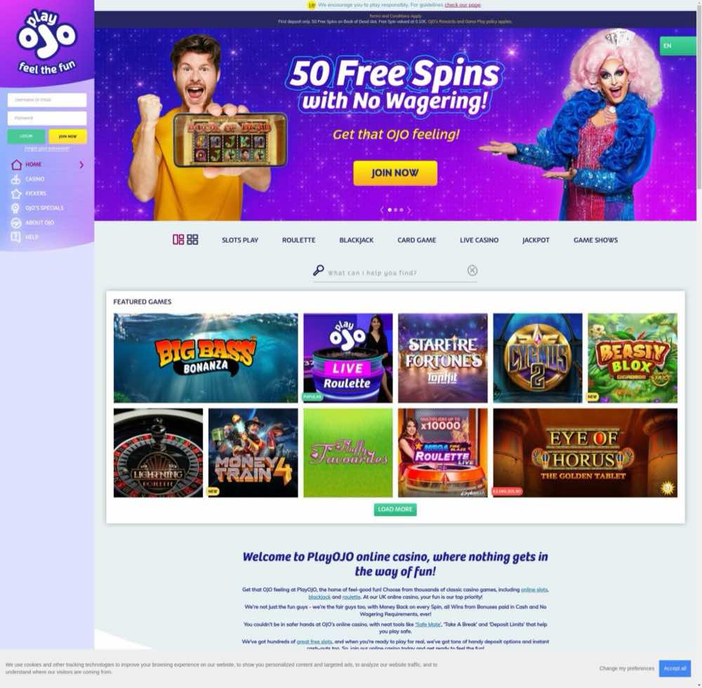 PlayOJO homepage screenshot