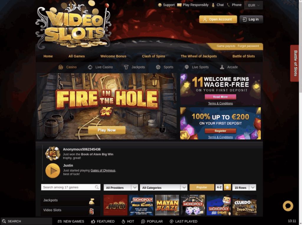Videoslots homepage screenshot