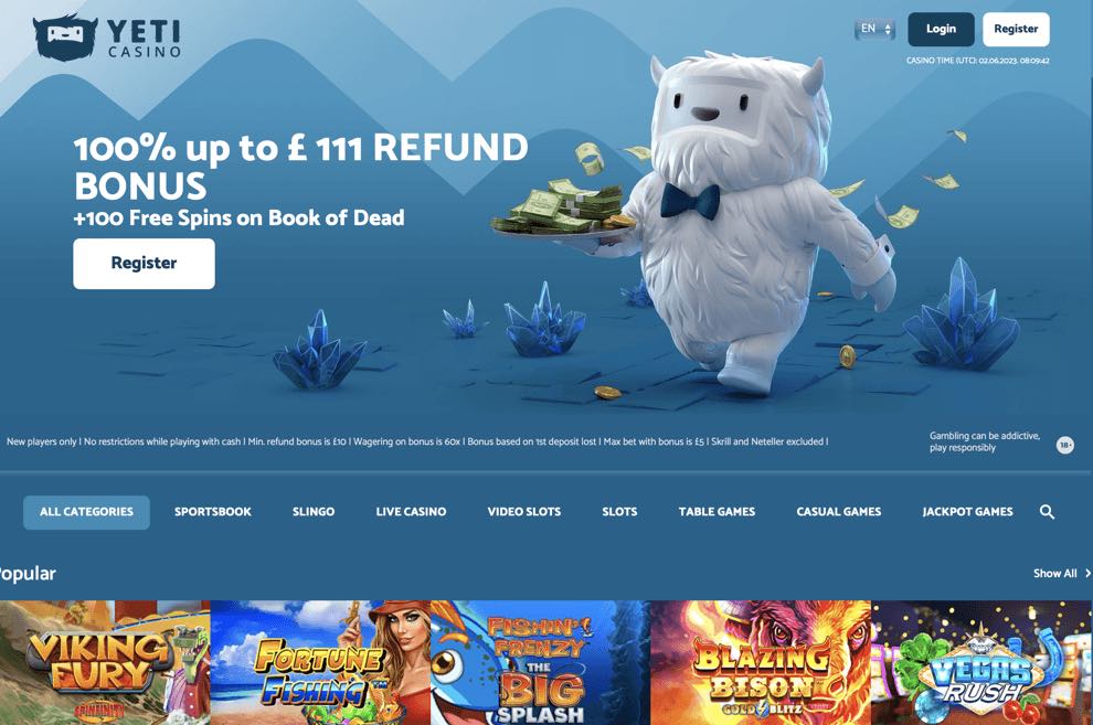 Yeti Casino homepage screenshot