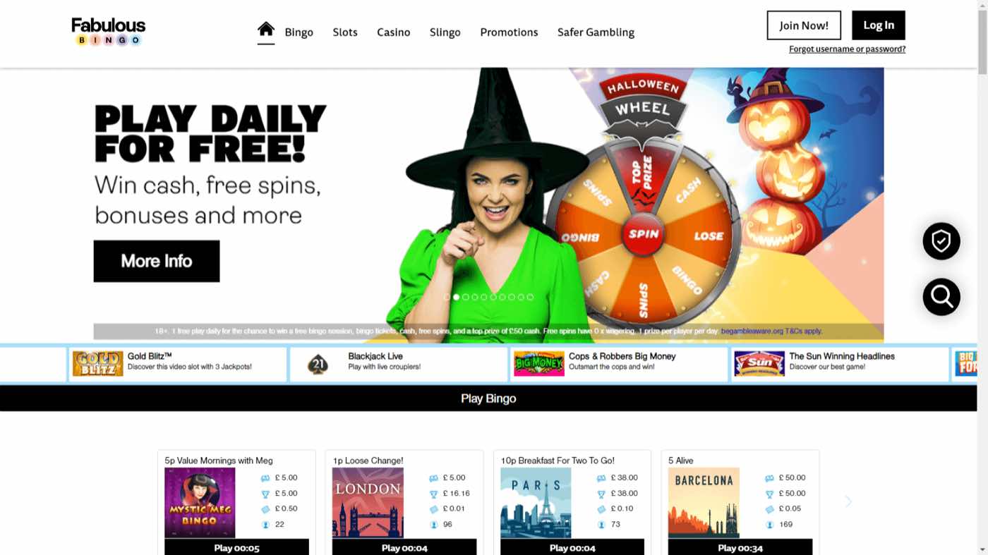 Fabulous Bingo homepage screenshot
