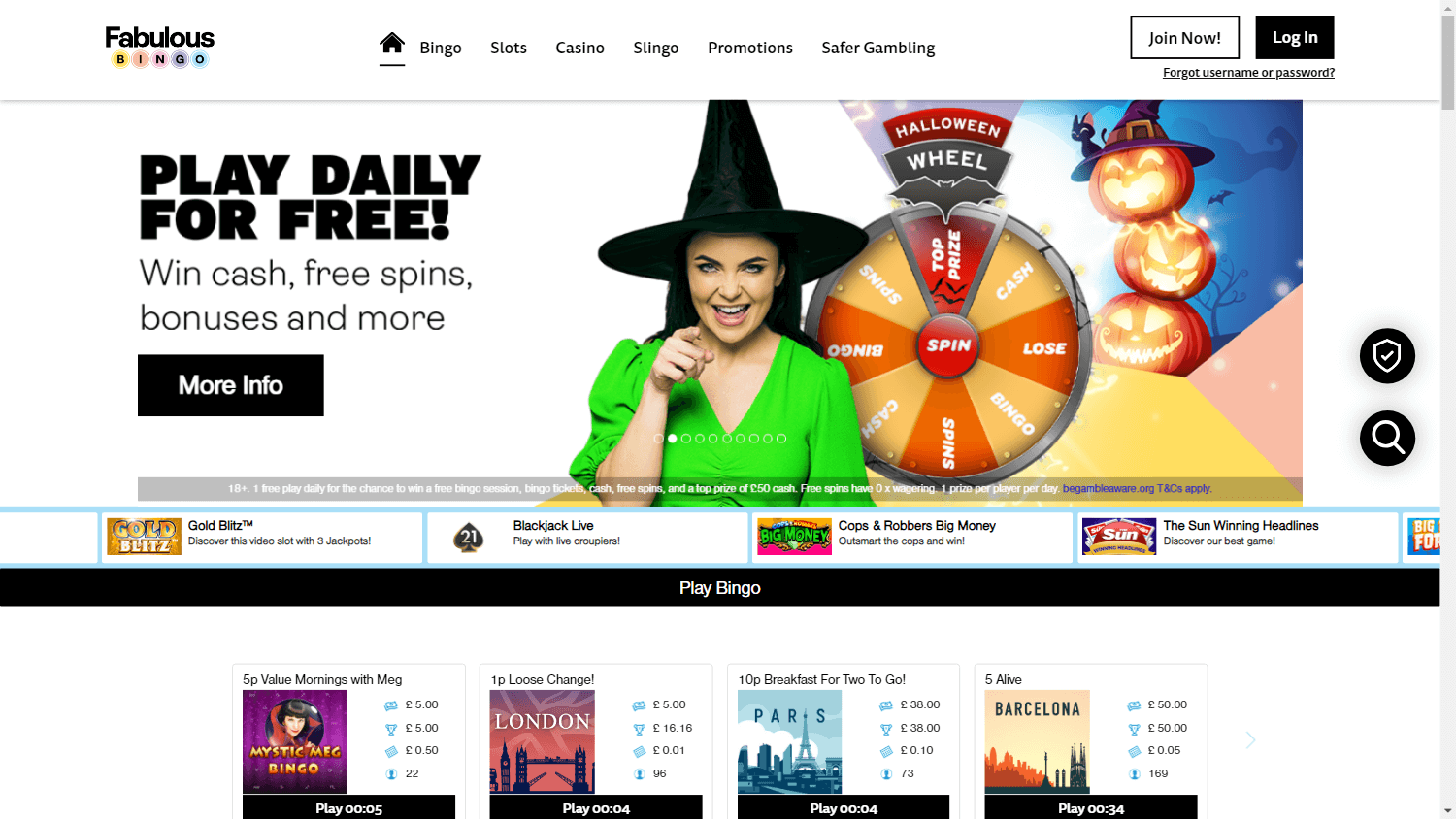 Fabulous Bingo homepage screenshot