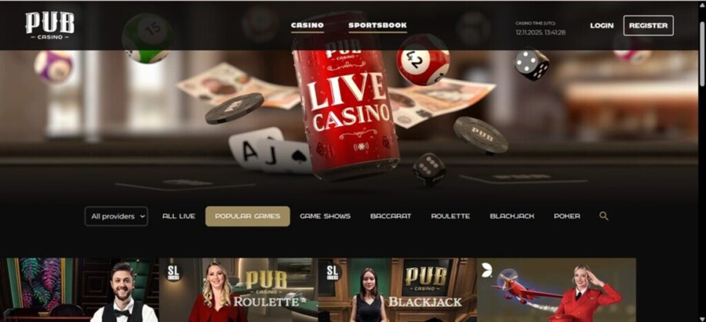 Pub Casino homepage screenshot