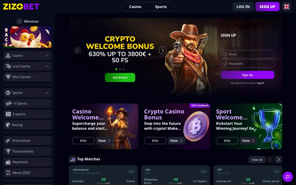 Zizobet homepage screenshot
