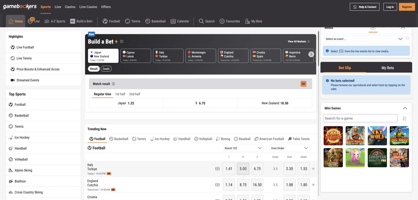 Gamebookers homepage screenshot