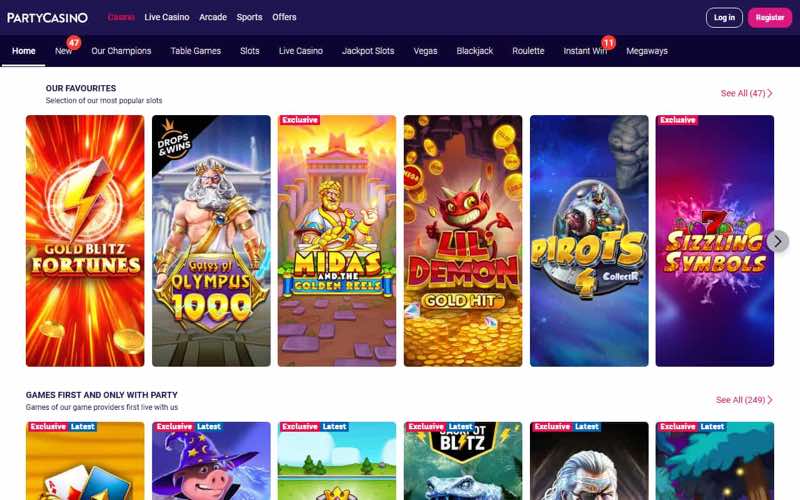 PartyCasino homepage screenshot
