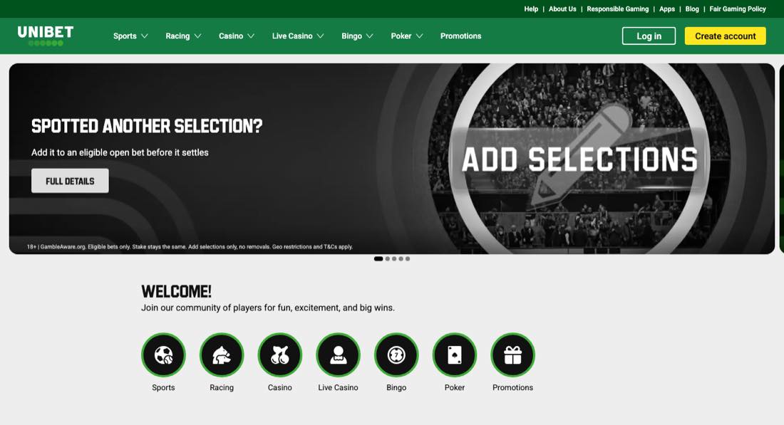 Unibet homepage screenshot